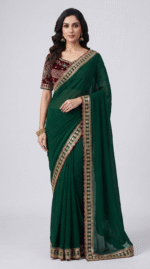 Women's Dark Green Embroidered Border Designer Saree with Matching Blouse Piece