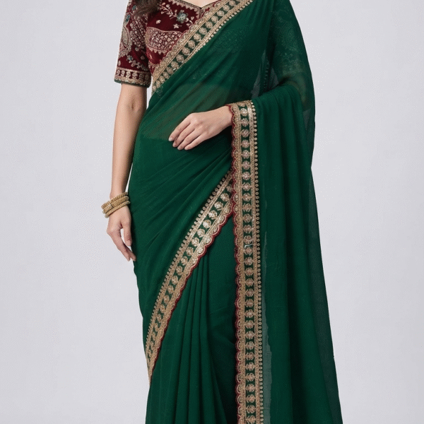 Women's Dark Green Embroidered Border Designer Saree with Matching Blouse Piece