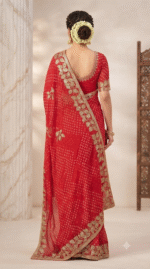 Radiant Red Bandhani Leaf Zari Work Designer Saree - Image 5