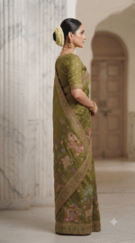Royal Olive Green Heavy Embroidered Designer Saree - Image 4