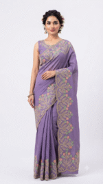 Women's Lavender Woven Silk Blend Saree with Multicolor Floral Zari Border