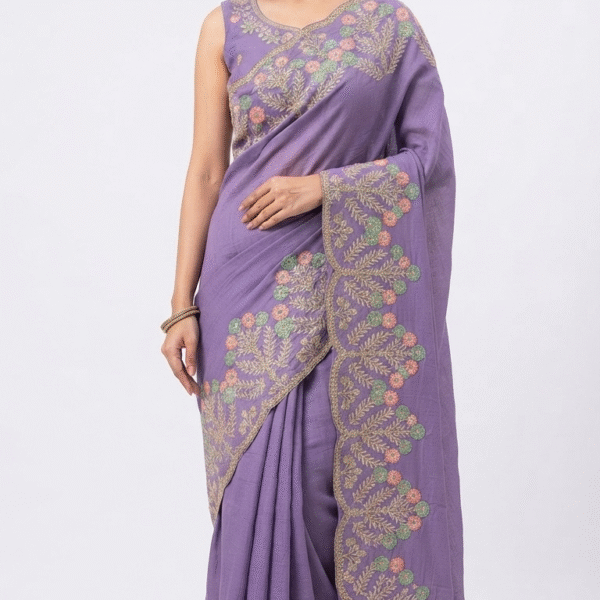 Women's Lavender Woven Silk Blend Saree with Multicolor Floral Zari Border