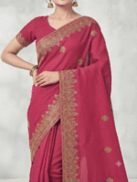 Women's Magenta Woven Silk Blend Saree with Rich Golden Floral Border - Image 5