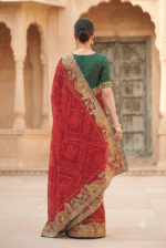 Crimson Red Bandhani Peacock Zari Work Designer Saree - Image 4