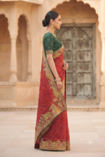 Crimson Red Bandhani Peacock Zari Work Designer Saree - Image 3