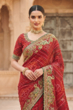 Crimson Red Bandhani Peacock Zari Work Designer Saree