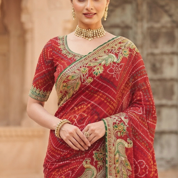 Crimson Red Bandhani Peacock Zari Work Designer Saree