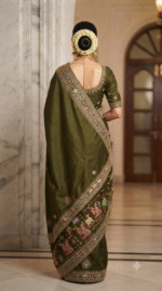 Royal Olive Green Heavy Embroidered Designer Saree - Image 5