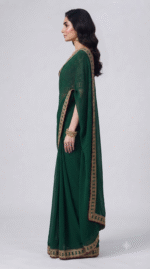 Women's Dark Green Embroidered Border Designer Saree with Matching Blouse Piece - Image 3