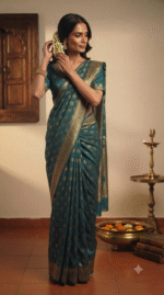 Women's Teal Blue Woven Silk Blend Saree with Rich Golden Zari Border - Image 4