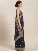 Women's Navy Blue Woven Silk Blend Saree with Elegant Golden Floral Zari Border - Image 3