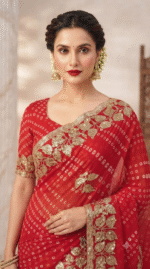 Radiant Red Bandhani Leaf Zari Work Designer Saree - Image 3