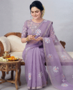 Elegant Lavender Floral Printed Chiffon/Georgette Blend Saree - Image 2