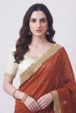 Women's Rust Orange Woven Silk Blend Saree with Golden Tassel Border - Image 5