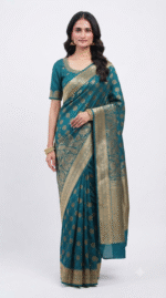 Women's Teal Blue Woven Silk Blend Saree with Rich Golden Zari Border