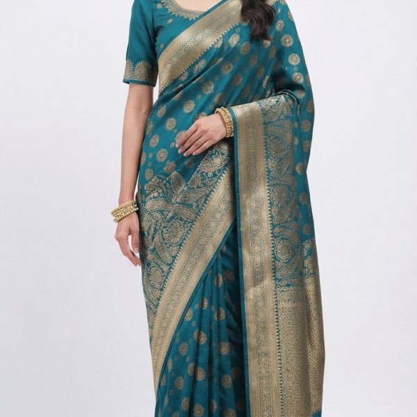 Women's Teal Blue Woven Silk Blend Saree with Rich Golden Zari Border