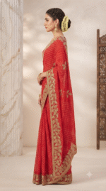 Radiant Red Bandhani Leaf Zari Work Designer Saree - Image 4