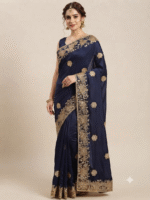 Women's Navy Blue Woven Silk Blend Saree with Elegant Golden Floral Zari Border
