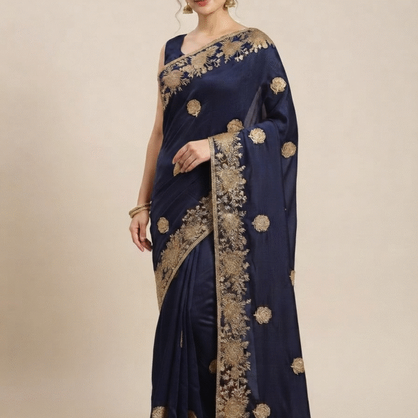 Women's Navy Blue Woven Silk Blend Saree with Elegant Golden Floral Zari Border