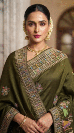 Royal Olive Green Heavy Embroidered Designer Saree - Image 3