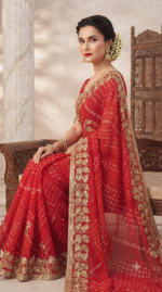 Radiant Red Bandhani Leaf Zari Work Designer Saree - Image 2