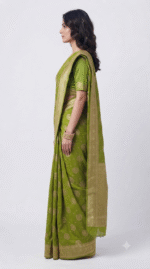 Women's Parrot Green Woven Silk Blend Saree with Rich Golden Zari Border - Image 3