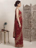 Women's Red Woven Silk Blend Saree with Rich Golden Floral Zari Border - Image 3