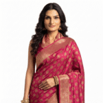 Women's Rani Pink Woven Silk Blend Saree with Rich Golden Zari Border - Image 4