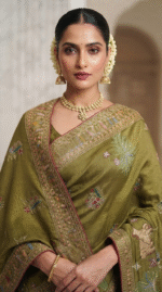 Royal Olive Green Heavy Embroidered Designer Saree - Image 3