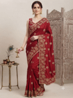 Women's Red Woven Silk Blend Saree with Rich Golden Floral Zari Border - Image 4