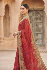 Crimson Red Bandhani Peacock Zari Work Designer Saree - Image 2