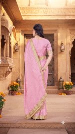 Pink Georgette Saree with Golden Zari Booti Print & Lace Border - Image 5
