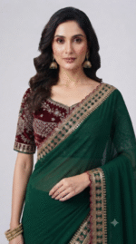 Women's Dark Green Embroidered Border Designer Saree with Matching Blouse Piece - Image 2