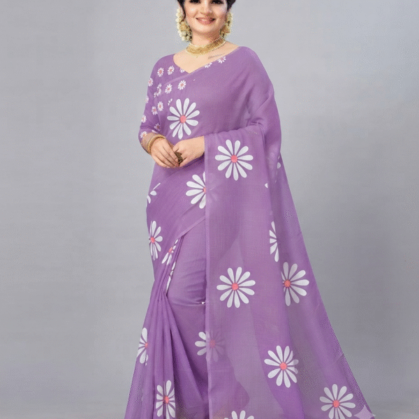 Elegant Lavender Floral Printed Chiffon/Georgette Blend Saree