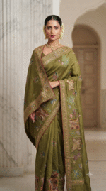Royal Olive Green Heavy Embroidered Designer Saree