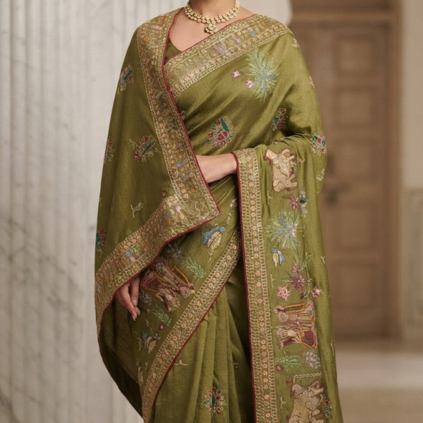 Royal Olive Green Heavy Embroidered Designer Saree