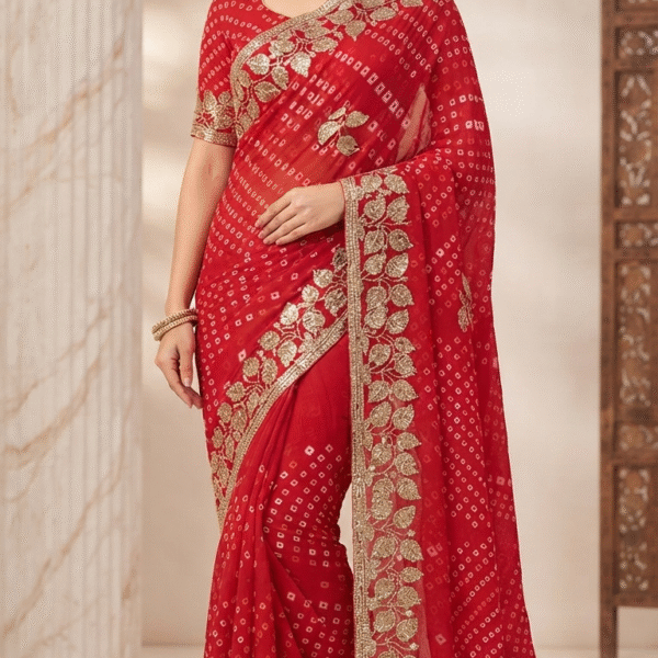 Radiant Red Bandhani Leaf Zari Work Designer Saree