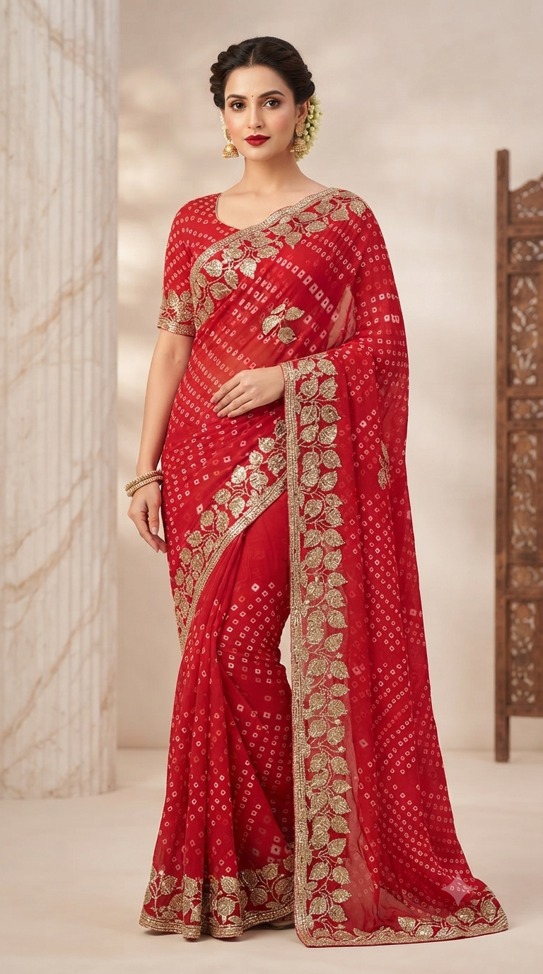 Gemini_Generated_Image_ri16zlri16zlri16 Radiant Red Bandhani Leaf Zari Work Designer Saree - Image 1