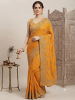 Women's Mustard Yellow Woven Silk Blend Saree with Elegant Golden Floral Border - Image 5
