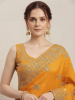 Women's Mustard Yellow Woven Silk Blend Saree with Elegant Golden Floral Border - Image 3