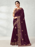 Women's Wine Woven Silk Blend Saree with Elegant Golden Floral Border