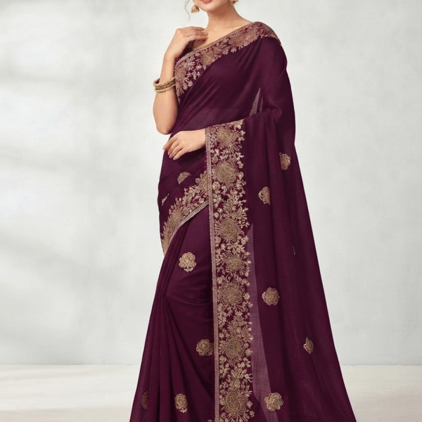 Women's Wine Woven Silk Blend Saree with Elegant Golden Floral Border