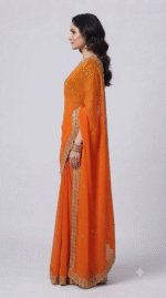 Orange Georgette Saree with Golden Embroidered Border & Green Blouse - Image 3