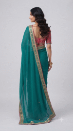 Women's Teal Green Georgette Saree with Embroidered Lace Border - Image 2