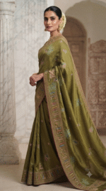 Royal Olive Green Heavy Embroidered Designer Saree - Image 2