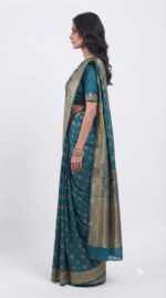 Women's Teal Blue Woven Silk Blend Saree with Rich Golden Zari Border - Image 2