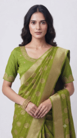 Women's Parrot Green Woven Silk Blend Saree with Rich Golden Zari Border - Image 4