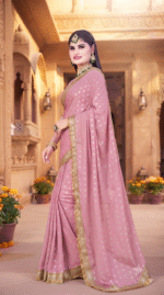 Pink Georgette Saree with Golden Zari Booti Print & Lace Border - Image 2