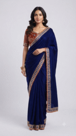 Women's Royal Blue Georgette Saree with Embroidered Designer Lace Border