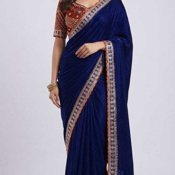 Women's Royal Blue Georgette Saree with Embroidered Designer Lace Border